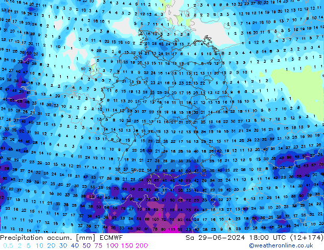 Precipitation accum. ECMWF sab 29.06.2024 18 UTC