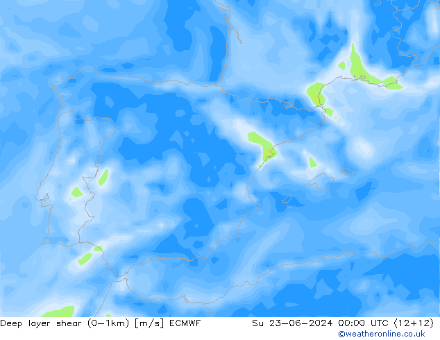 Deep layer shear (0-1km) ECMWF Su 23.06.2024 00 UTC