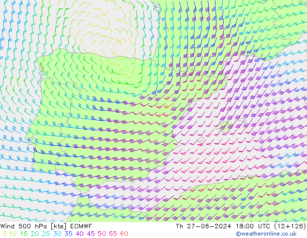 Viento 500 hPa ECMWF jue 27.06.2024 18 UTC