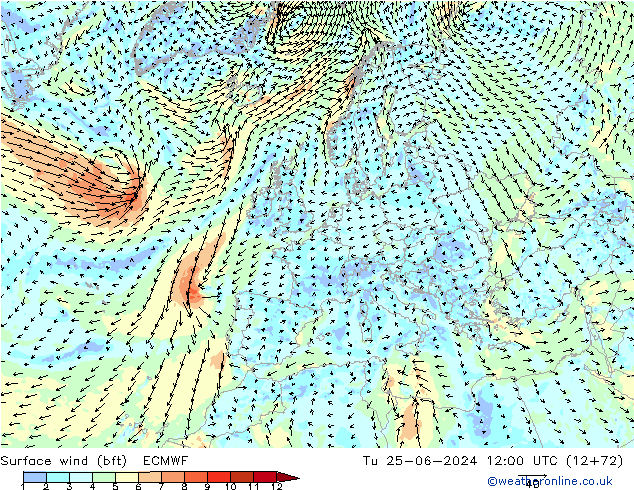 Bodenwind (bft) ECMWF Di 25.06.2024 12 UTC