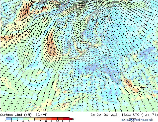 Wind 10 m (bft) ECMWF za 29.06.2024 18 UTC