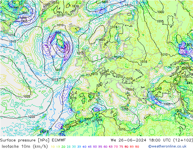 Isotachen (km/h) ECMWF Mi 26.06.2024 18 UTC