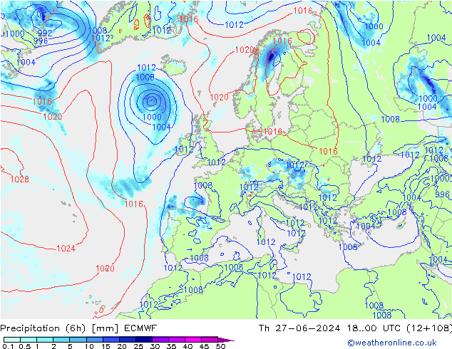 Precipitation (6h) ECMWF Th 27.06.2024 00 UTC