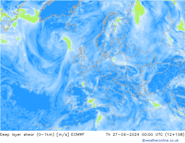 Deep layer shear (0-1km) ECMWF чт 27.06.2024 00 UTC