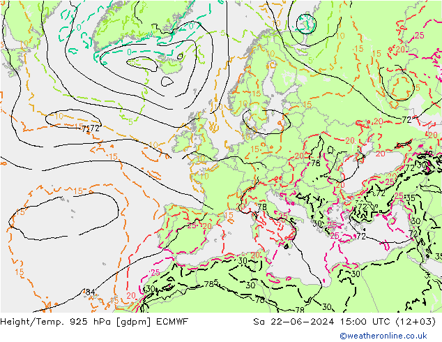 Height/Temp. 925 hPa ECMWF Sáb 22.06.2024 15 UTC