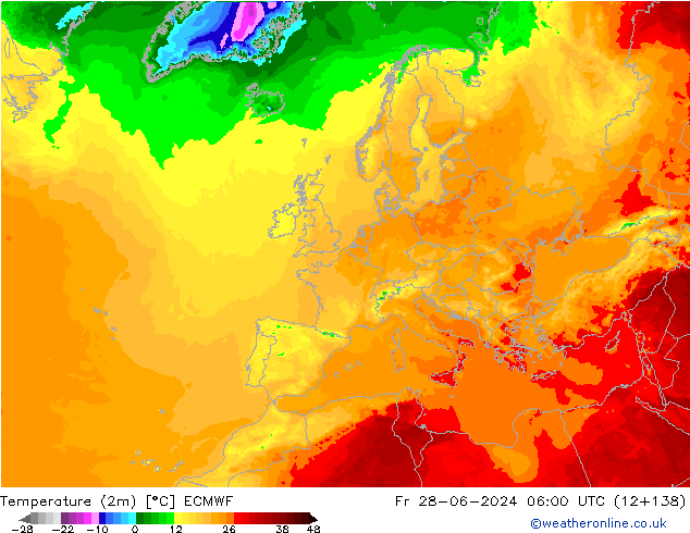 Temperature (2m) ECMWF Fr 28.06.2024 06 UTC