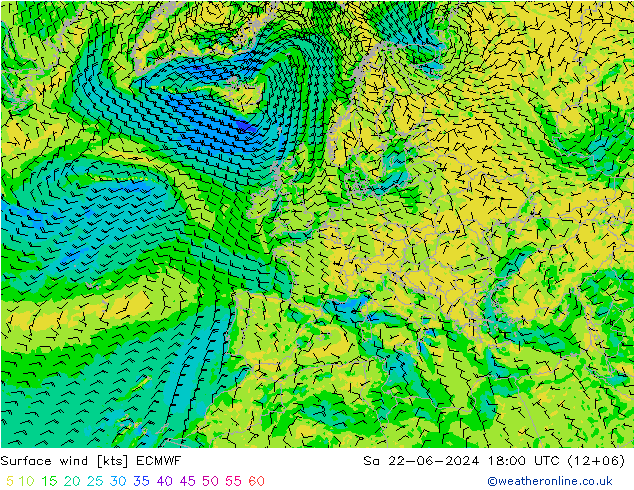 风 10 米 ECMWF 星期六 22.06.2024 18 UTC