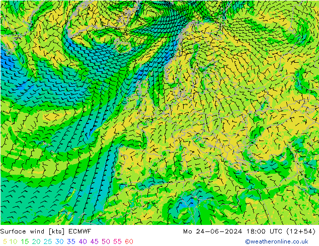 Vento 10 m ECMWF lun 24.06.2024 18 UTC