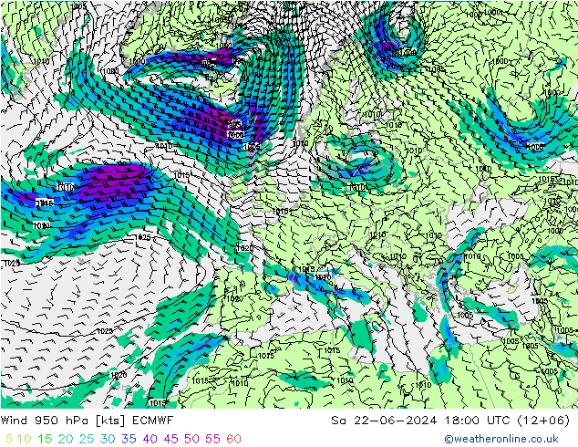 风 950 hPa ECMWF 星期六 22.06.2024 18 UTC