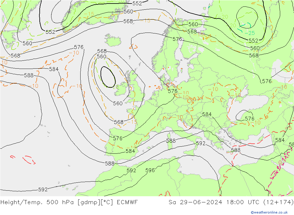 Z500/Rain (+SLP)/Z850 ECMWF sab 29.06.2024 18 UTC