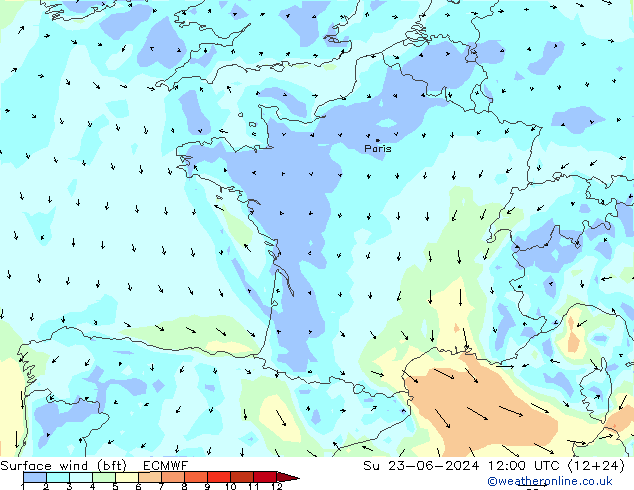 Vento 10 m (bft) ECMWF Dom 23.06.2024 12 UTC