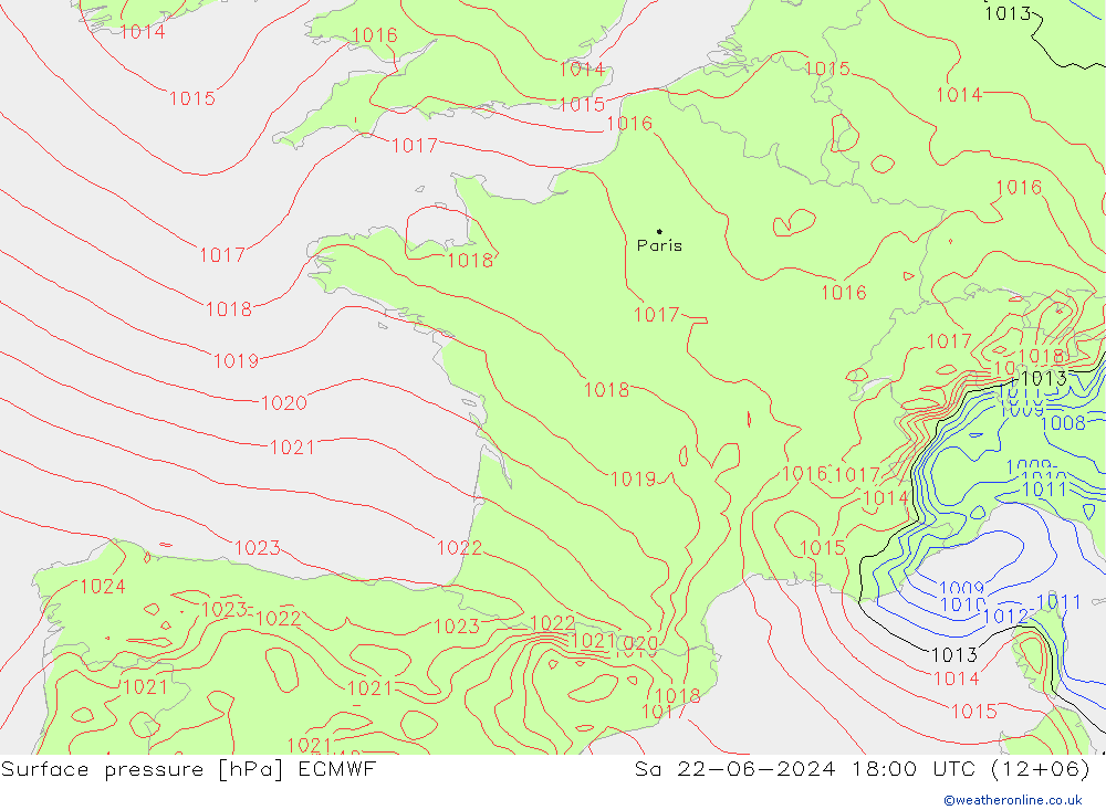 Surface pressure ECMWF Sa 22.06.2024 18 UTC