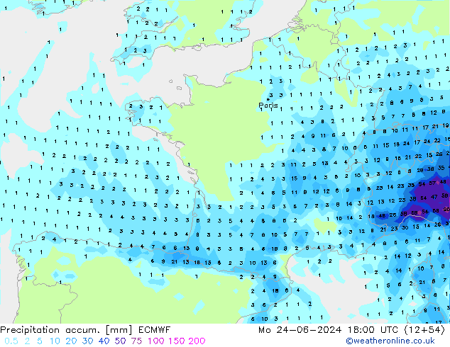 Precipitation accum. ECMWF Mo 24.06.2024 18 UTC
