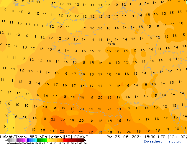 Geop./Temp. 850 hPa ECMWF mié 26.06.2024 18 UTC