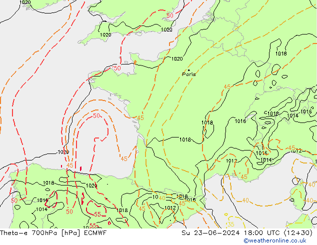 Theta-e 700hPa ECMWF Su 23.06.2024 18 UTC