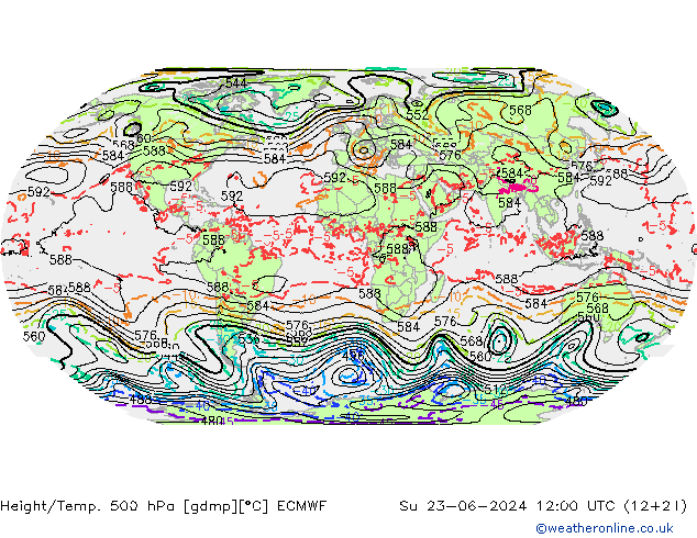 Height/Temp. 500 hPa ECMWF So 23.06.2024 12 UTC