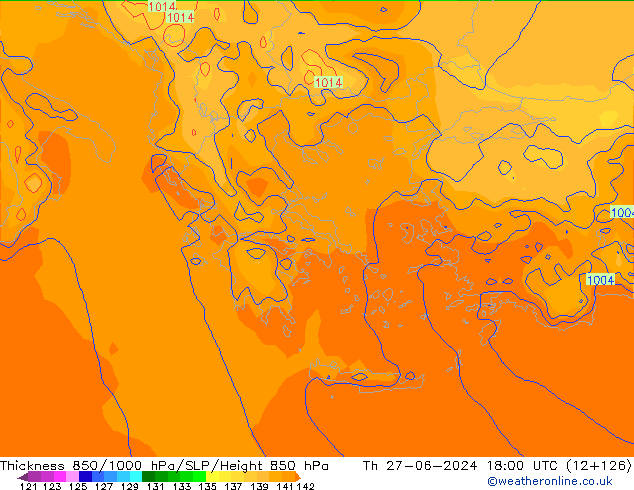 Thck 850-1000 hPa ECMWF czw. 27.06.2024 18 UTC