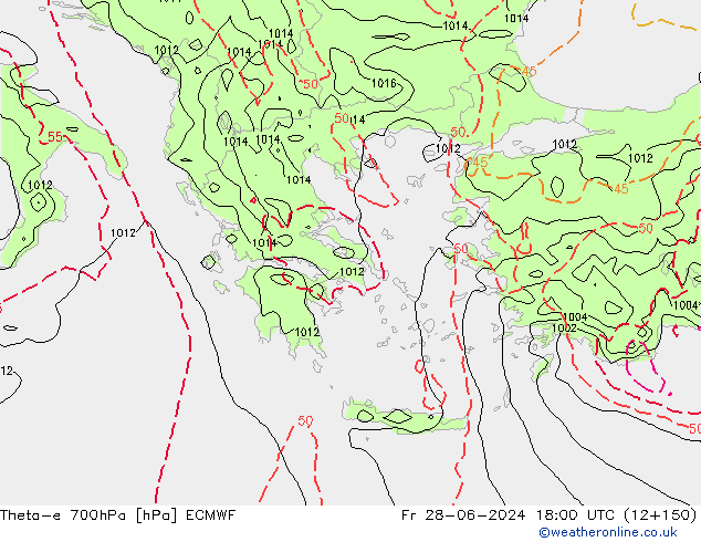 Theta-e 700hPa ECMWF ven 28.06.2024 18 UTC