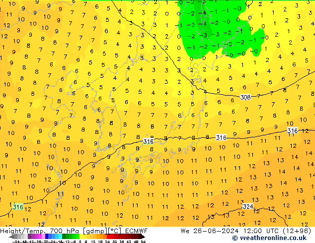 Geop./Temp. 700 hPa ECMWF mié 26.06.2024 12 UTC