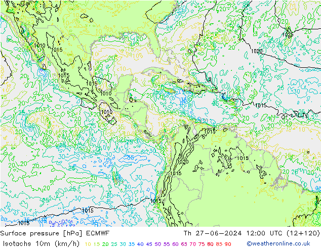 Isotachs (kph) ECMWF Th 27.06.2024 12 UTC