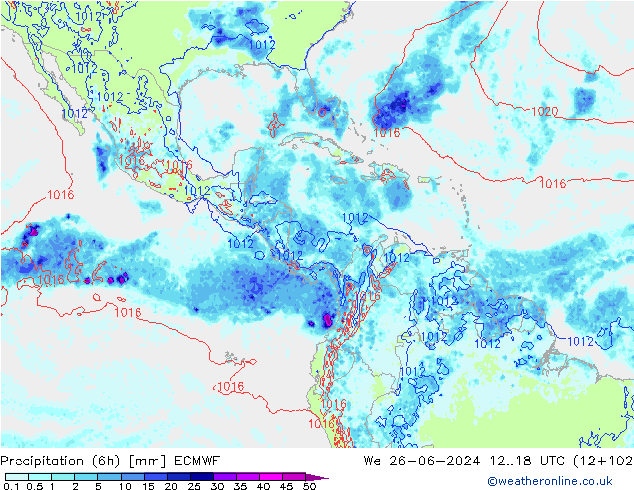 Precipitation (6h) ECMWF We 26.06.2024 18 UTC