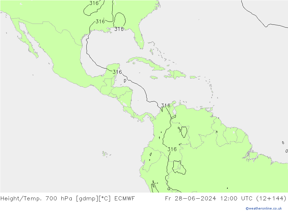 Geop./Temp. 700 hPa ECMWF vie 28.06.2024 12 UTC