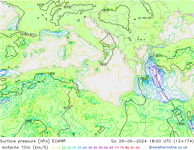 Isotachs (kph) ECMWF sab 29.06.2024 18 UTC