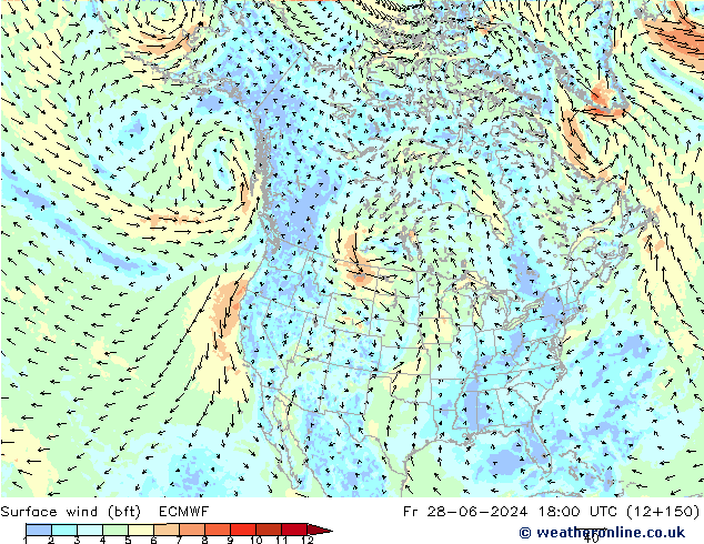 Surface wind (bft) ECMWF Fr 28.06.2024 18 UTC