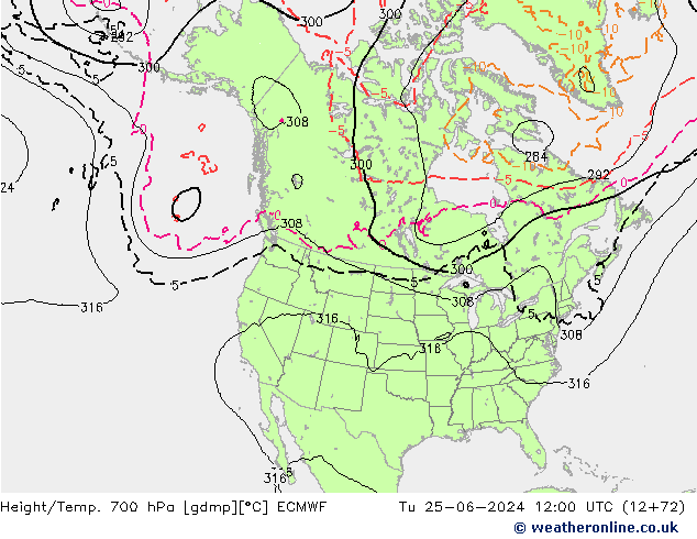 Height/Temp. 700 hPa ECMWF wto. 25.06.2024 12 UTC