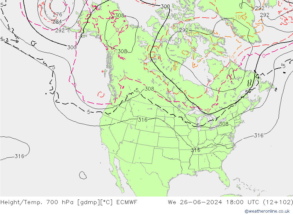 Height/Temp. 700 hPa ECMWF śro. 26.06.2024 18 UTC