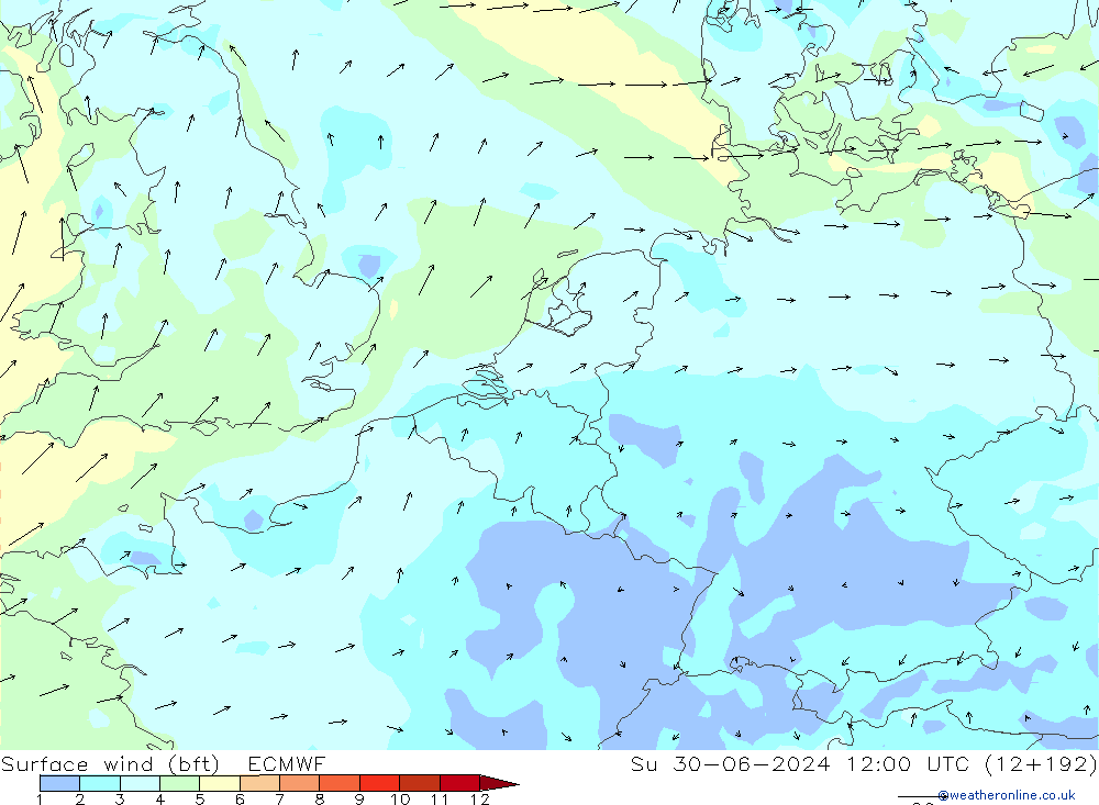 Vent 10 m (bft) ECMWF dim 30.06.2024 12 UTC