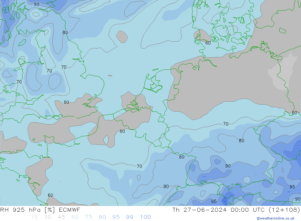 Humidité rel. 925 hPa ECMWF jeu 27.06.2024 00 UTC