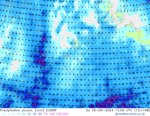 Precipitation accum. ECMWF sab 29.06.2024 12 UTC