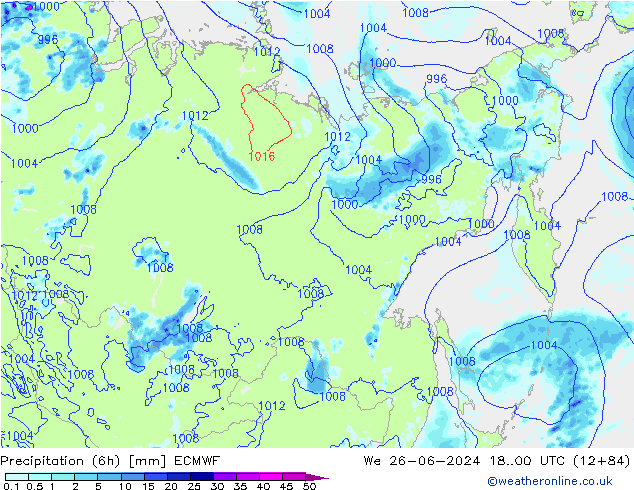 Precipitation (6h) ECMWF We 26.06.2024 00 UTC