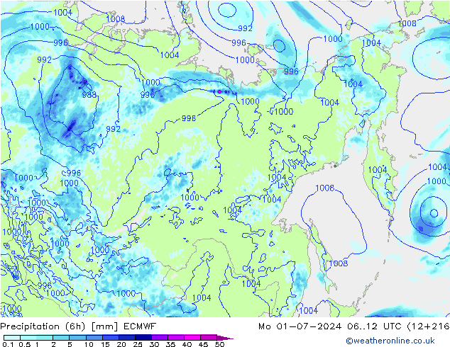 Precipitation (6h) ECMWF Mo 01.07.2024 12 UTC