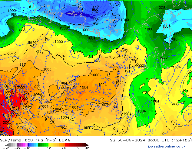 SLP/Temp. 850 hPa ECMWF nie. 30.06.2024 06 UTC