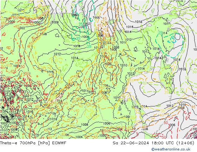 Theta-e 700hPa ECMWF sab 22.06.2024 18 UTC