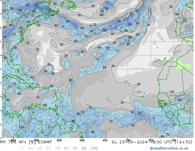 Humidité rel. 700 hPa ECMWF dim 23.06.2024 18 UTC