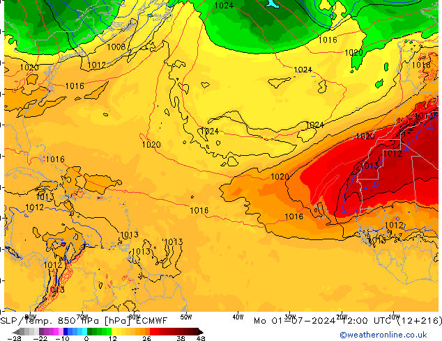 SLP/Temp. 850 hPa ECMWF  01.07.2024 12 UTC