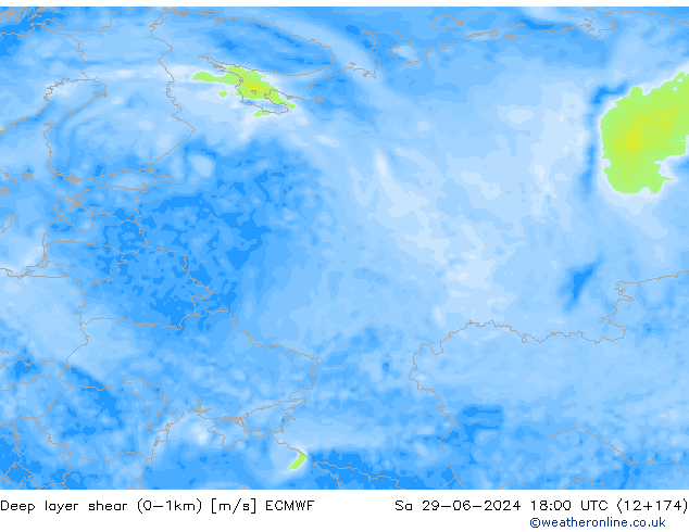 Deep layer shear (0-1km) ECMWF Sa 29.06.2024 18 UTC