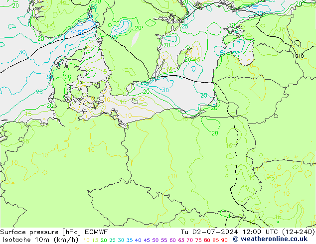 Isotachs (kph) ECMWF вт 02.07.2024 12 UTC