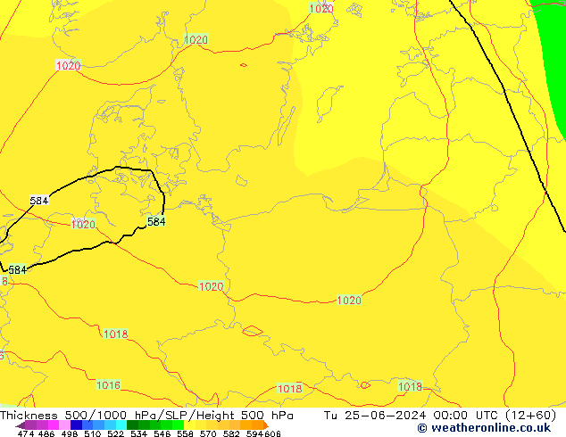 Espesor 500-1000 hPa ECMWF mar 25.06.2024 00 UTC