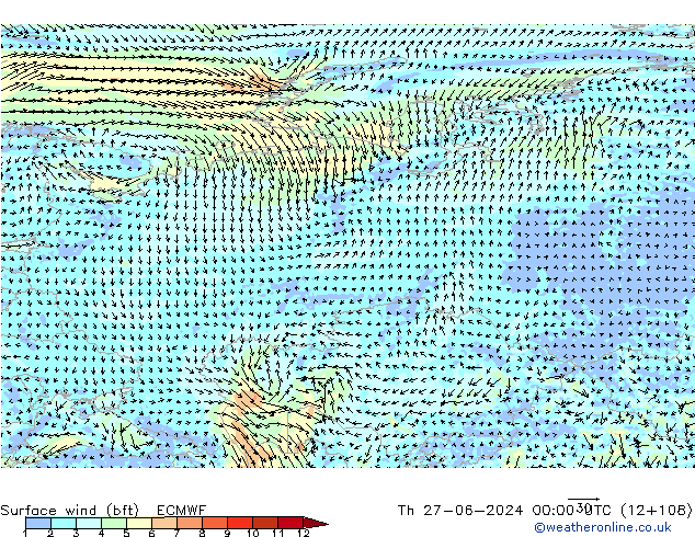 Surface wind (bft) ECMWF Th 27.06.2024 00 UTC