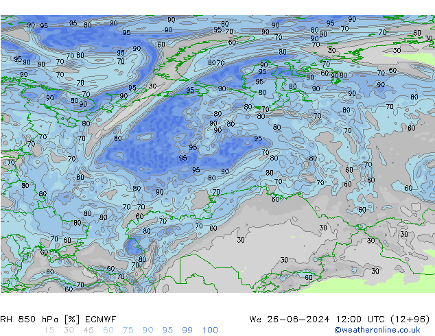 RH 850 hPa ECMWF śro. 26.06.2024 12 UTC