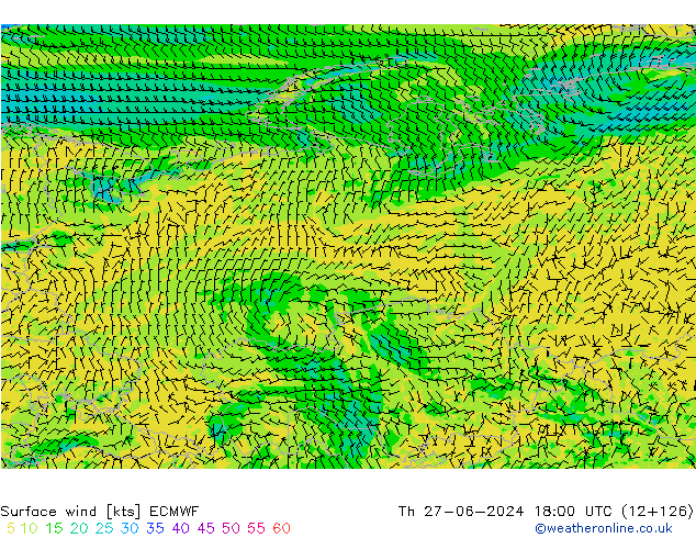 wiatr 10 m ECMWF czw. 27.06.2024 18 UTC