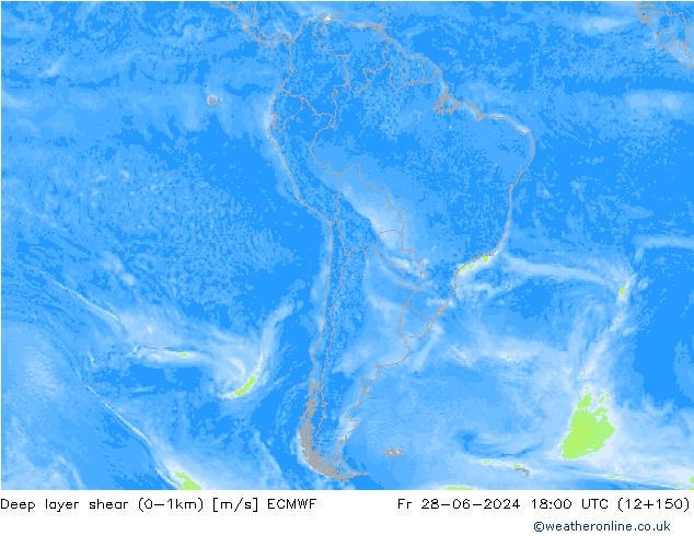 Deep layer shear (0-1km) ECMWF Fr 28.06.2024 18 UTC