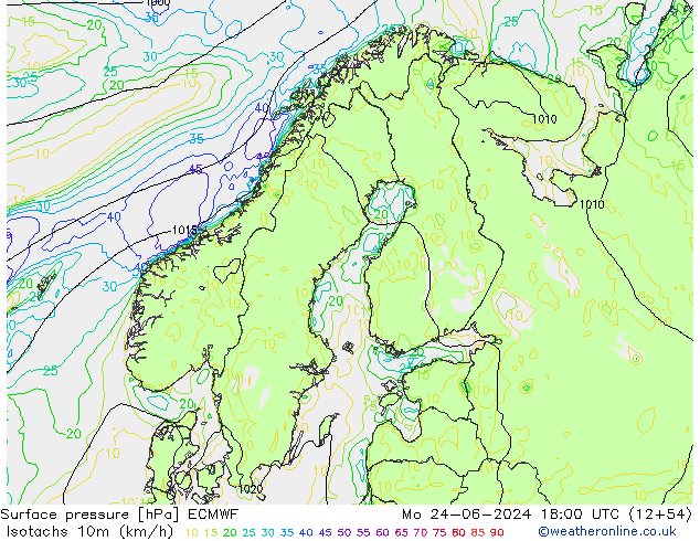 10米等风速线 (kph) ECMWF 星期一 24.06.2024 18 UTC