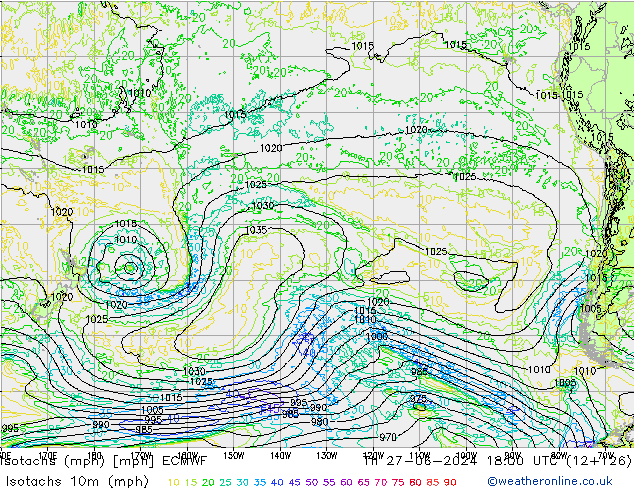 Isotachs (mph) ECMWF Th 27.06.2024 18 UTC