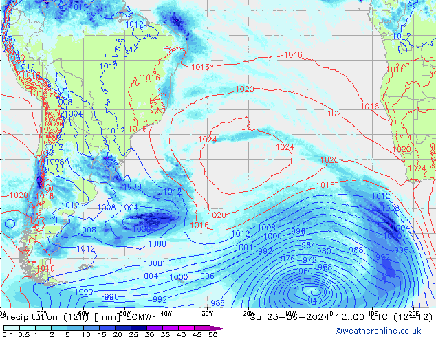 Precipitation (12h) ECMWF Su 23.06.2024 00 UTC