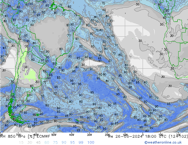 RH 850 hPa ECMWF śro. 26.06.2024 18 UTC